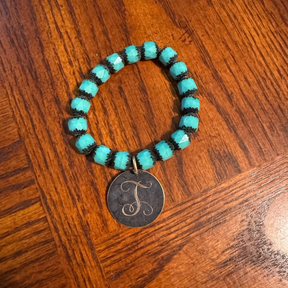 Turquoise Beaded Bracelet with Monogram Pendant